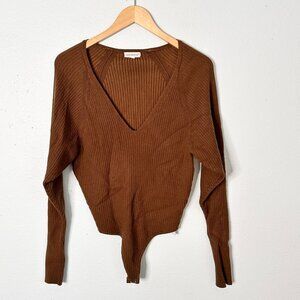 Good American V Neck Brown Ribbed Bodysuit Long Sleeve 1 - Small